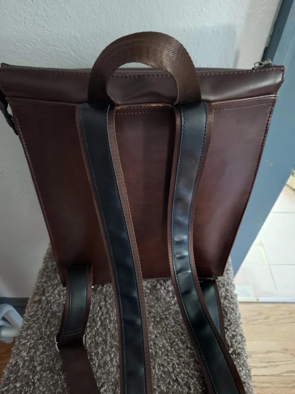 Women's Dark Brown Leather Backpack with Black Strap - Sleek Urban Carry